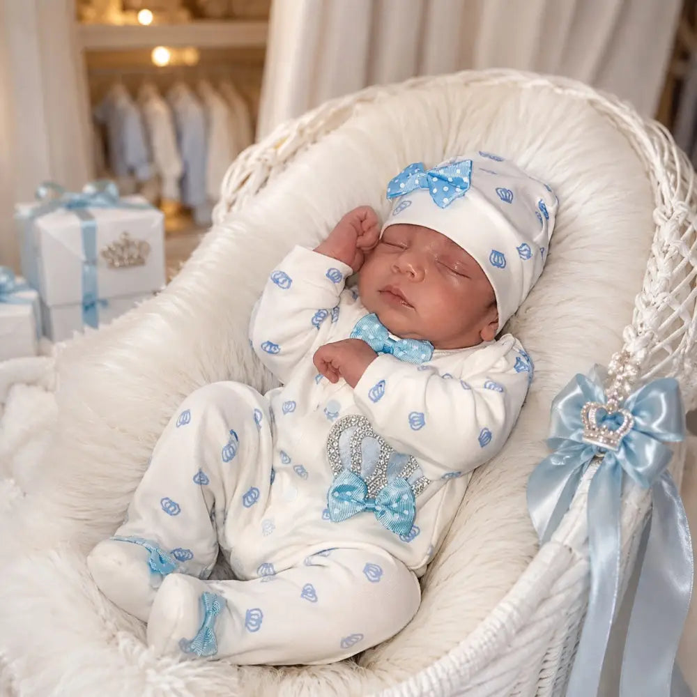 Crown Jewels Baby Playsuit Set With Crown Hat And Mittens In Delicate Blue Bows For Photo Ready Keepsake - 50/56