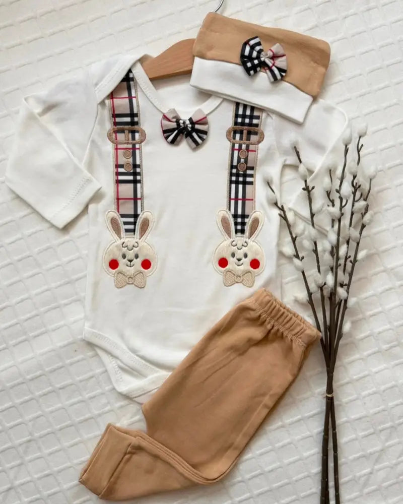 Cute Bunny Babyset 3 Piece Cotton Outfit With Bunny Print - 56/62 / Beige