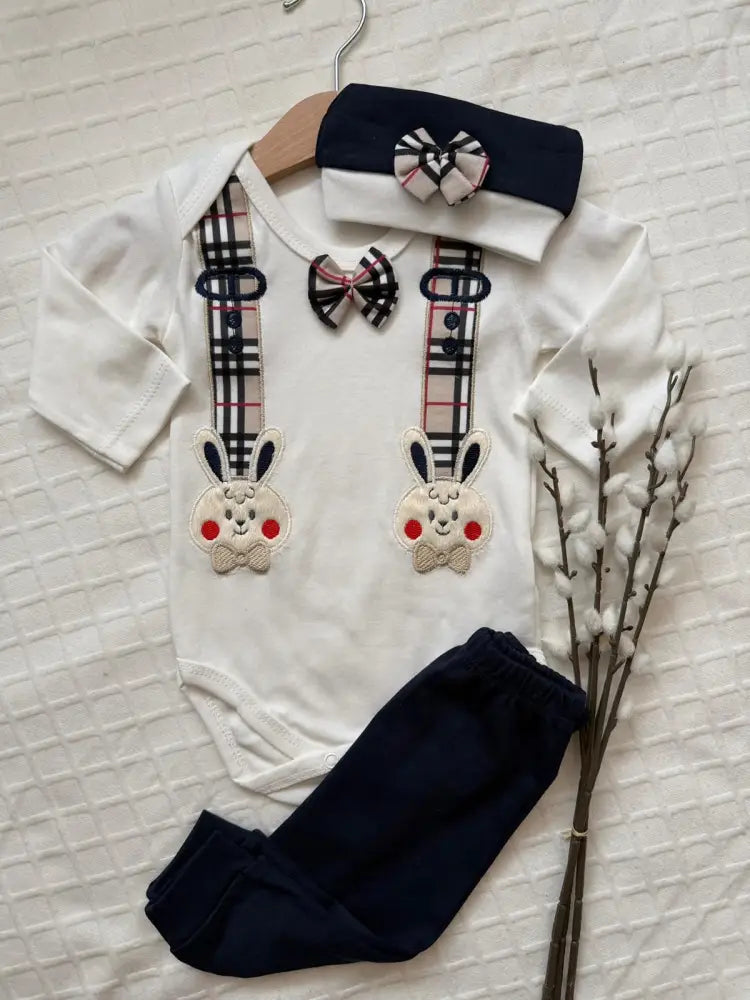 Cute Bunny Babyset 3 Piece Cotton Outfit With Bunny Print - 56/62 / Blauw