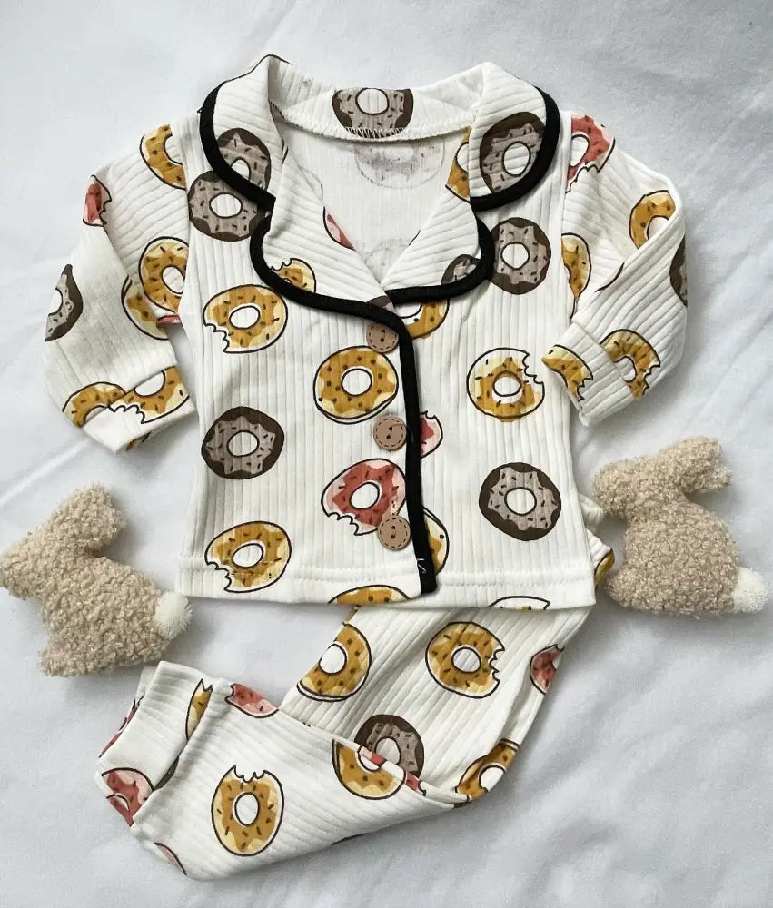 Donut Baby Pyjama Breathable 100 Percent Cotton With Wooden Buttons And Donut Print For Newborns - 62/68 - Baby Pyjama