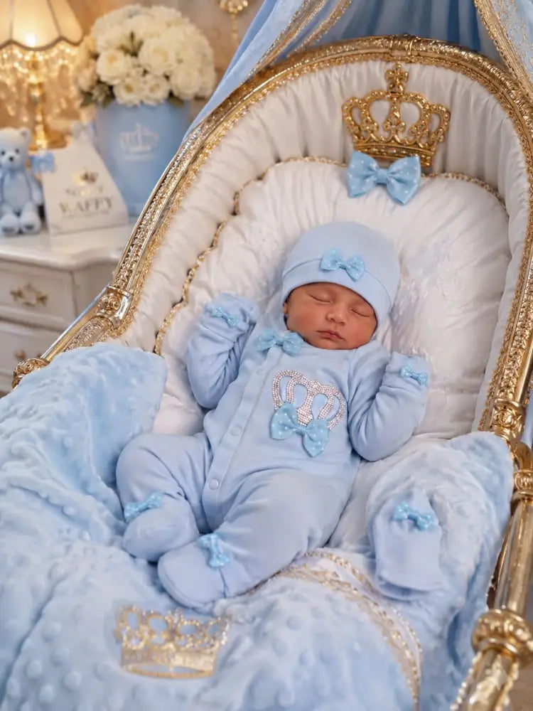 Exclusive Baby Blue Prince Playsuit With Diamond Crown Embellishment - Baby Boxpakje