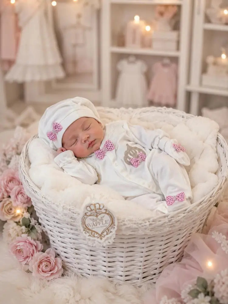 Exclusive Baby Playsuit Pink Dots Luxe Newborn Set With Hat And Mitts - 50/56 - Baby Boxpakje