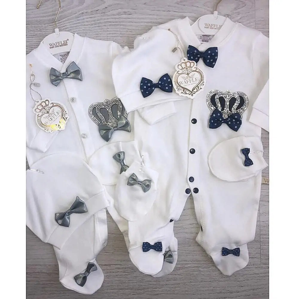 Exclusive Dark Blue Baby Cotton Playsuit With Diamond Crown Jewel