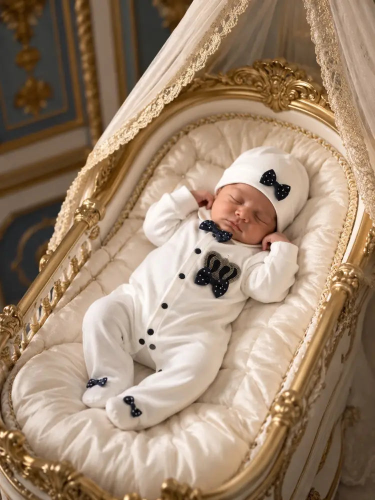 Exclusive Dark Blue Baby Cotton Playsuit With Diamond Crown Jewel - 50/56