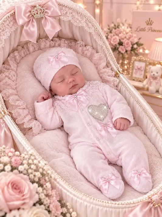 Exclusive Diamond Heart Baby Playsuit Set With Hat And Mittens In Luxuriously Soft Pink - 50/56 - Baby Boxpakje