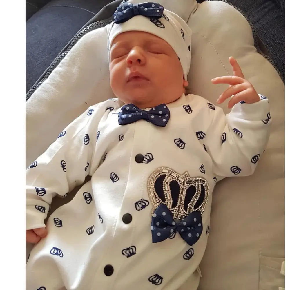 Exclusive Playsuit Dark Blue Diamond Crown Detail With Matching Hat And Mittens Set - 50/56 Newborn - Babyset