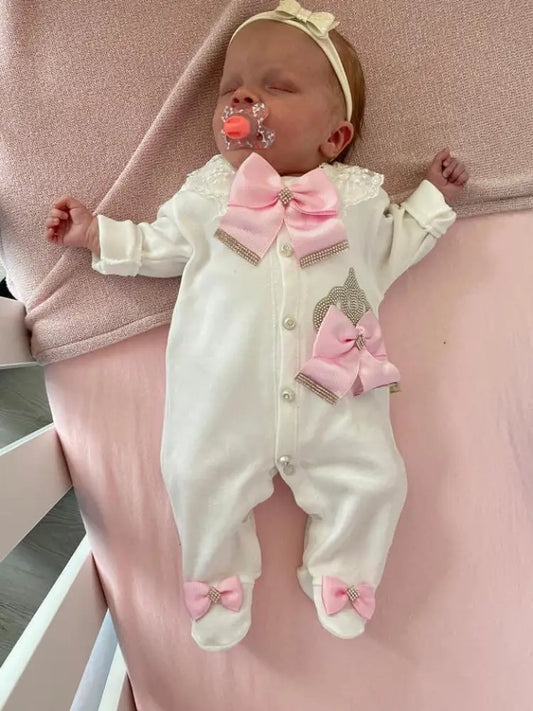 Exclusive Princess Diamond Playsuit with Crown Salmon White Colorway - 50/56 - Baby Boxpakje
