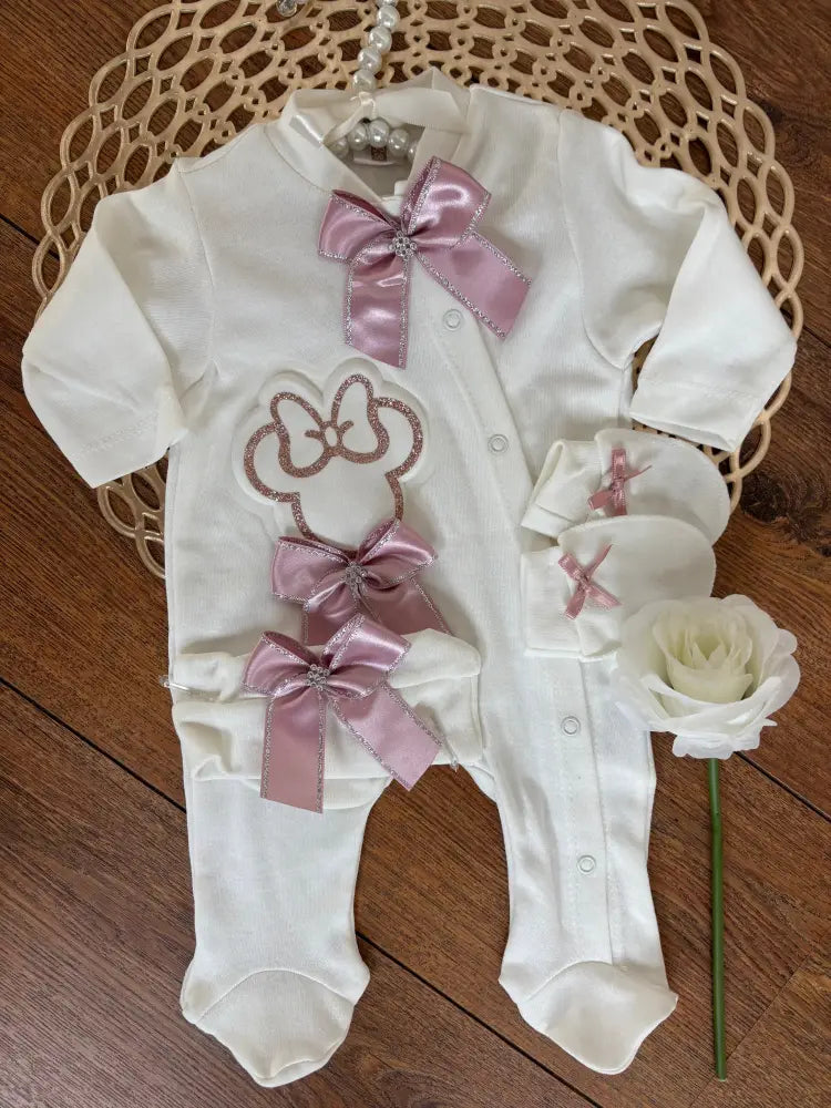 Glam Bow Minnie Couture Playsuit Set With Hat And Mittens 100 Percent Cotton Comfort For Baby Girls - 50/56 - Baby