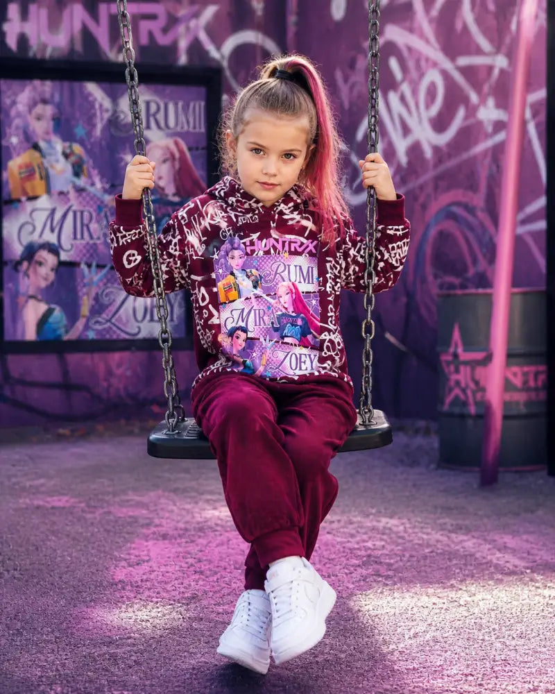 Huntrix Demonhunters Velvet Kids Hoodie Set In Burgundy - 98 - Girls Set