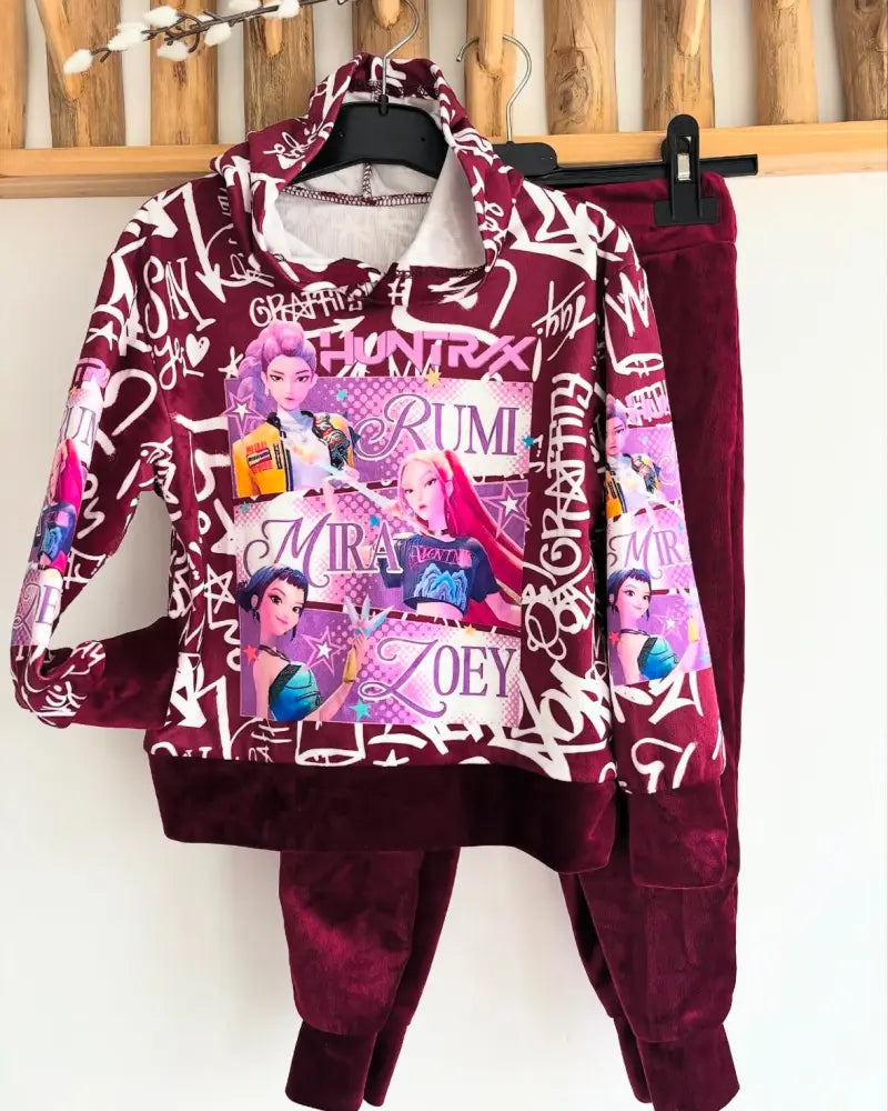 Huntrix Demonhunters Velvet Kids Hoodie Set In Burgundy - Girls Set