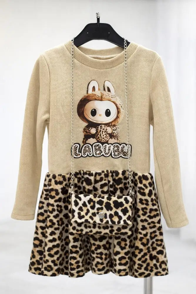 Labubu Dress And Fashion Bag Set For Girls - 98/104 / Beige - Girls Dress