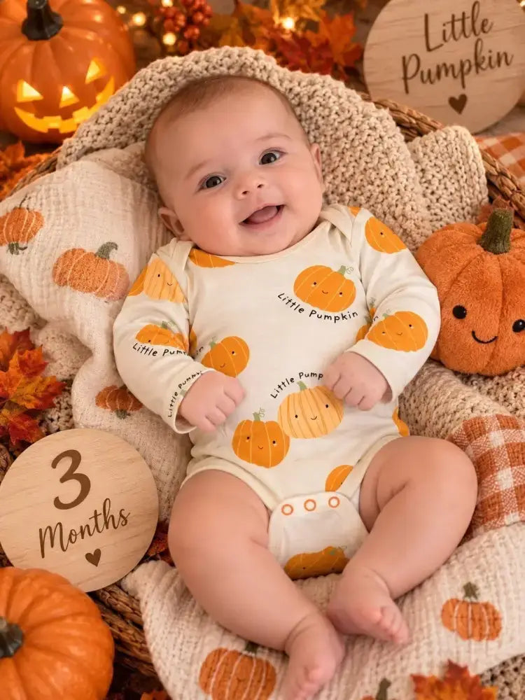  Little Pumpkin baby bodysuit in size 62, shown in an autumn setting