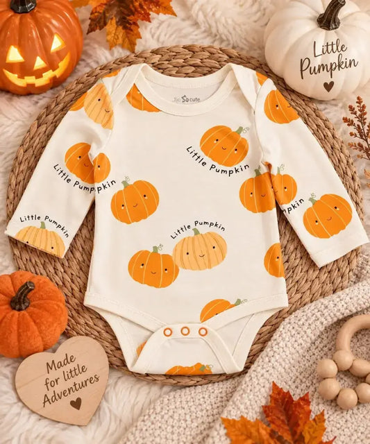 Cream long sleeve baby bodysuit with an all-over orange pumpkin print