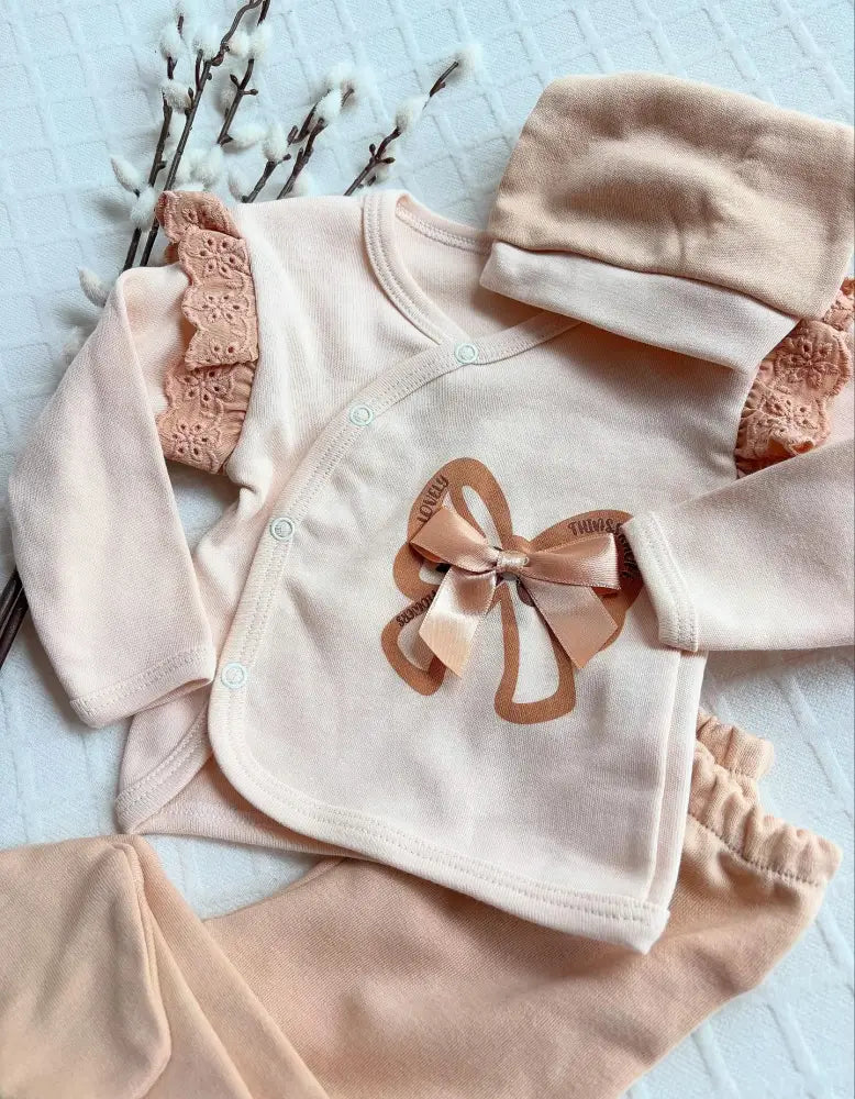 Luma Baby Gold Bow 3 Piece Newborn Set 100 Percent Cotton - 50/56 - Babyset