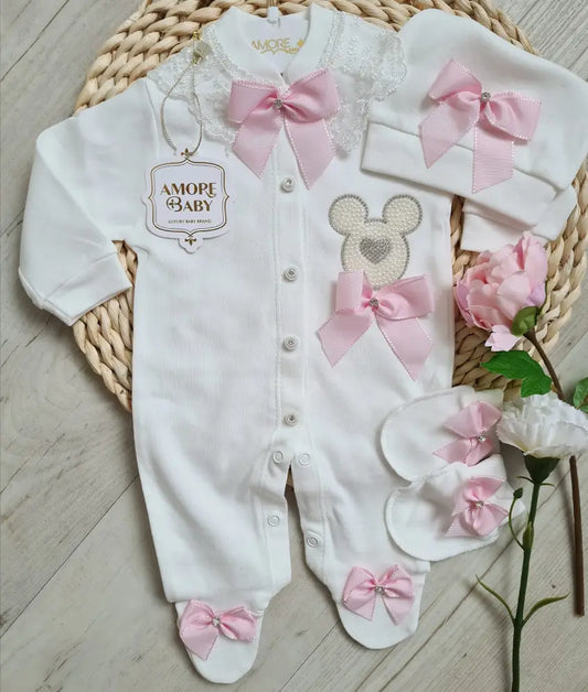 Minnie Love Exclusive Luxe Baby Playsuit With Diamond Minnie Stones And Lace Collar - 50/56 - Baby Boxpakje