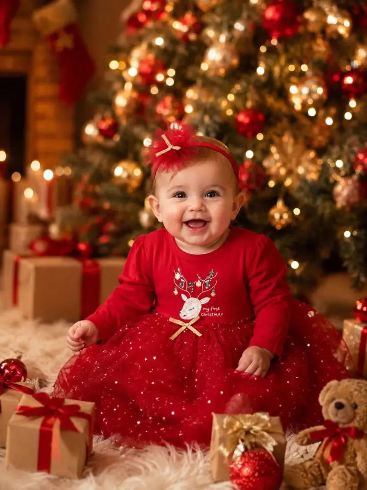 My First Christmas Baby Tutu Dress With Gold Stars Headband - 56/62