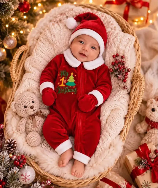 Red velvet My First Christmas baby romper with white trim, matching Santa hat and mittens