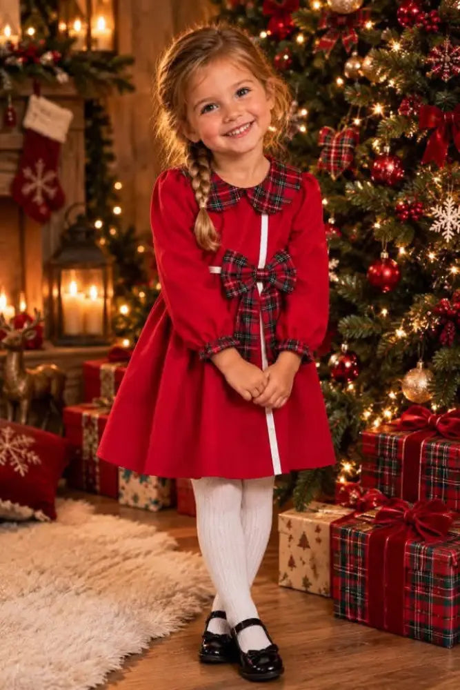 Nordic Noel Classic Christmas Dress For Girls With Red Bow - Girls Dress