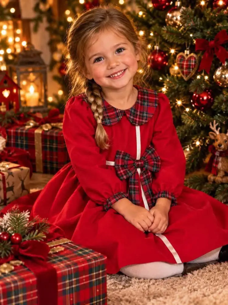 Nordic Noel Classic Christmas Dress For Girls With Red Bow - 92 - Girls Dress